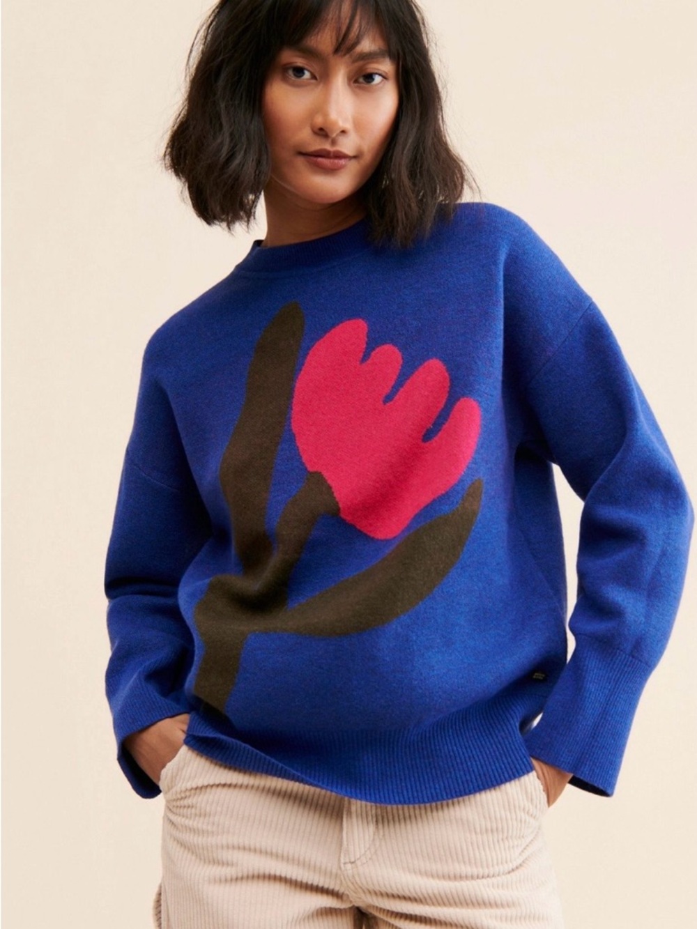 Scotch & Soda Navy Crewneck Sweater with Red Floral Motif